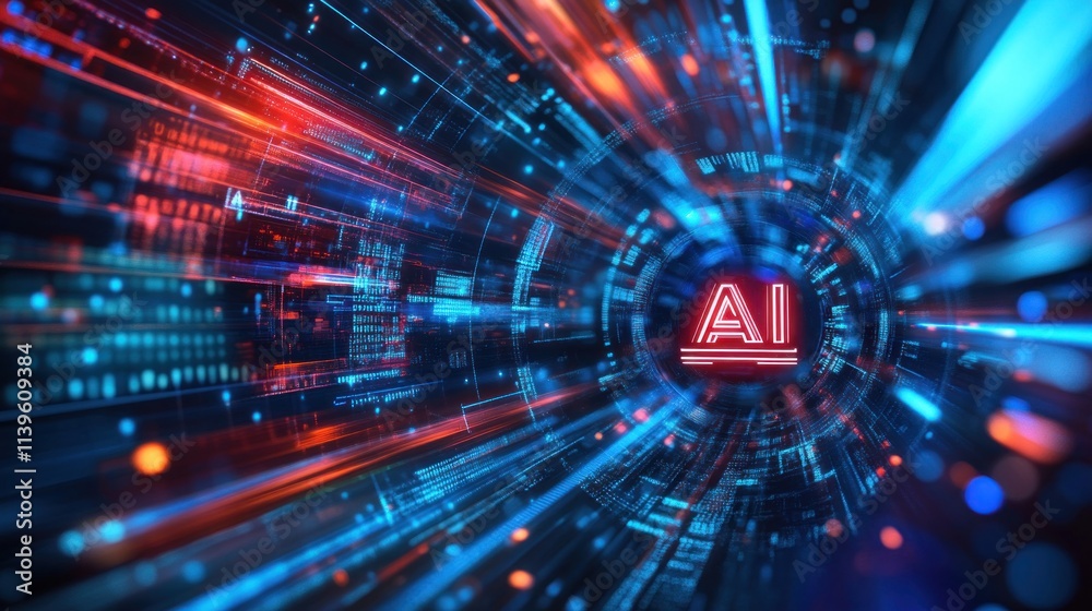 Fototapeta premium A digital technology-themed futuristic background with holographic shapes, data streams, and the text 
