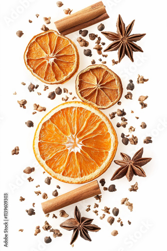 levitation of anise, cinnamon, dried orange and cinnamon on a white isolated background