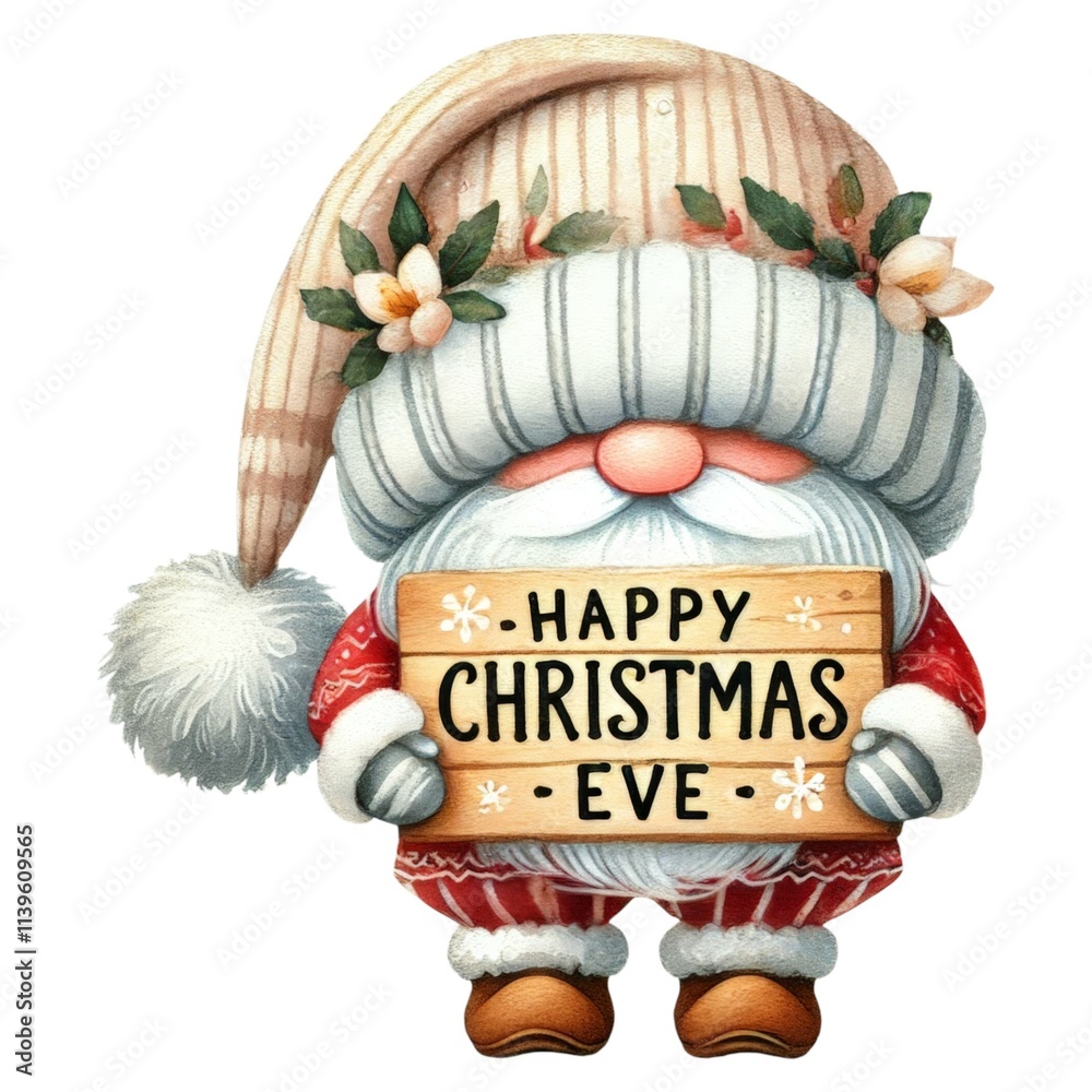 Obraz premium A whimsical Santa character in festive attire holds a sign that reads 