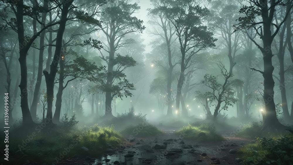 Obraz premium A misty, foggy scene with a soft bokeh effect and blurred trees in a dark green environment, , wild terrain