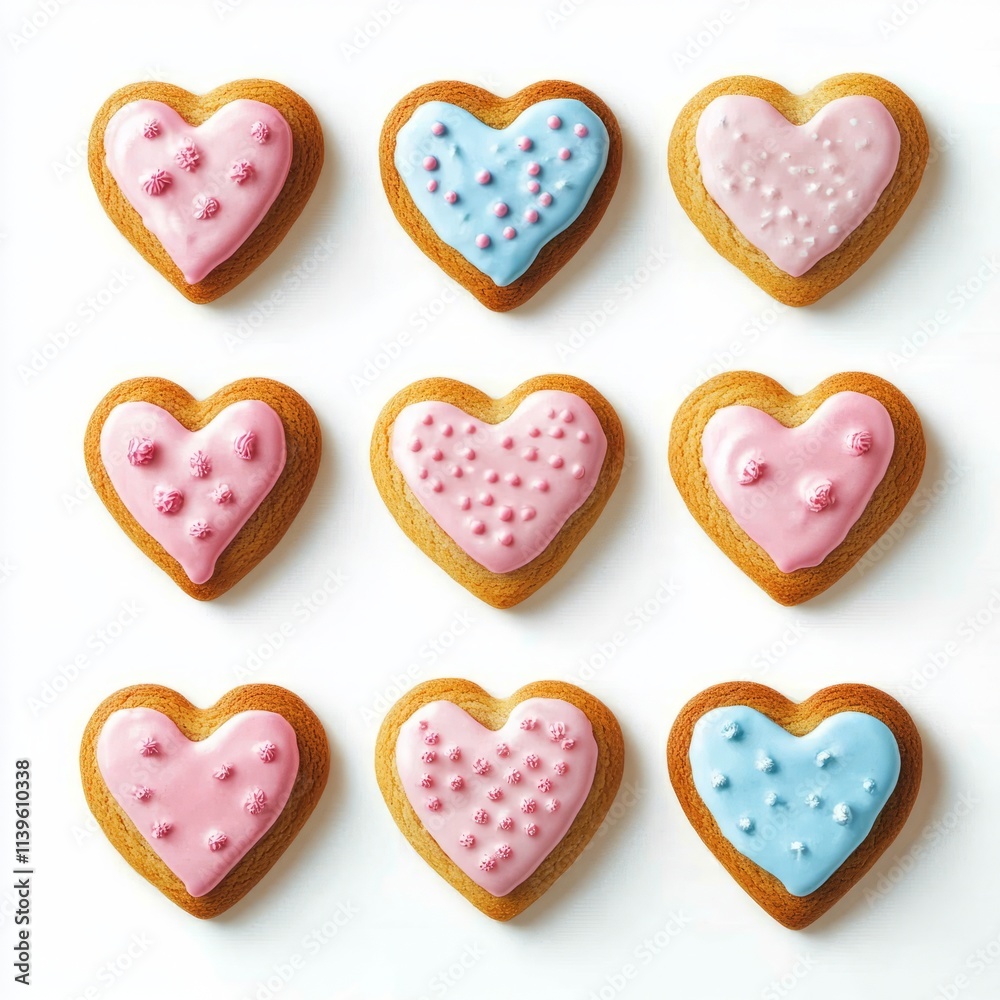 Heart-shaped cookies with icing isolated on white background Heart-shaped cookies with icing isolated on white background