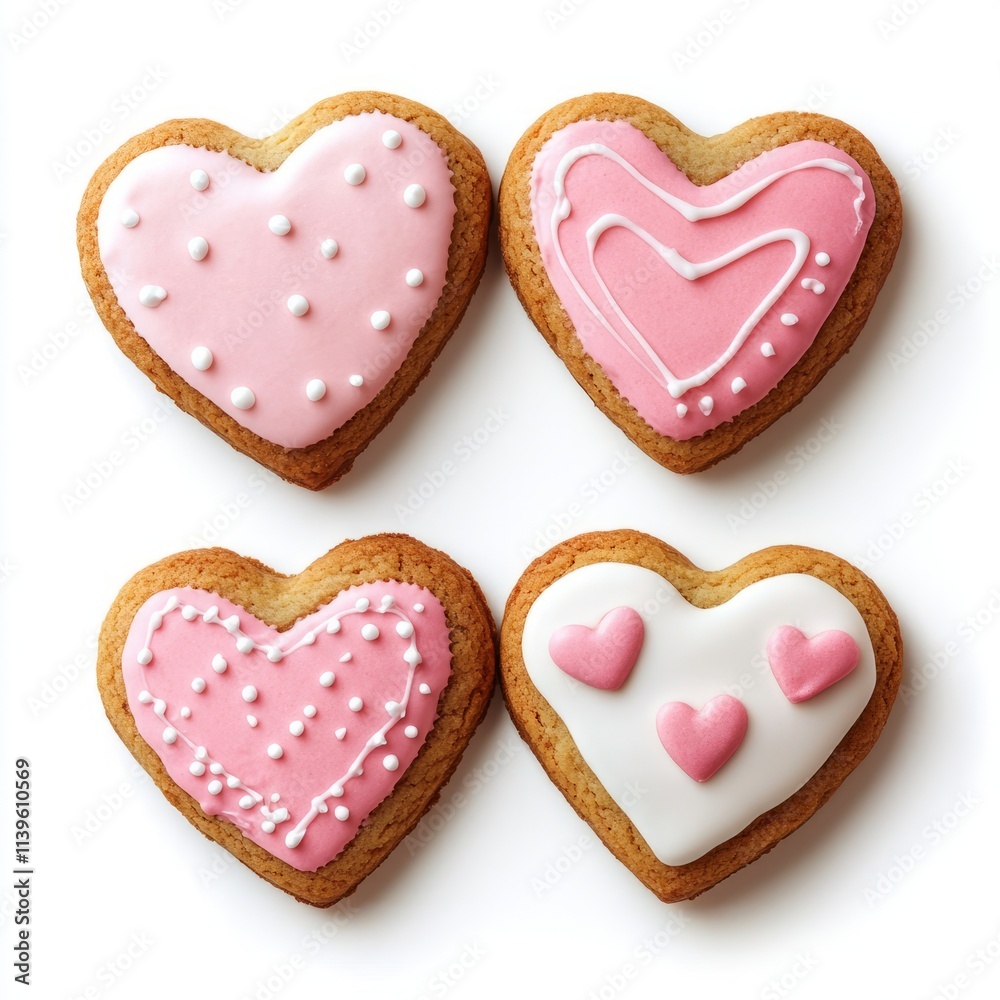 Heart-shaped cookies with icing isolated on white background Heart-shaped cookies with icing isolated on white background