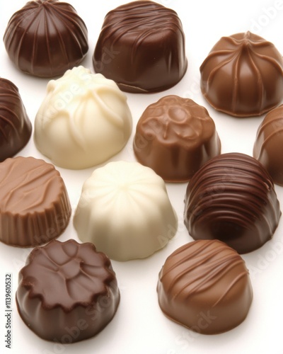 Assorted milk, dark, and white chocolate candies on white background.