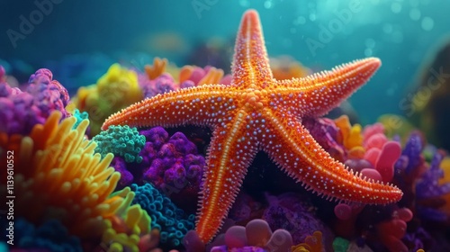 Vibrant orange starfish on colorful coral reef. photo