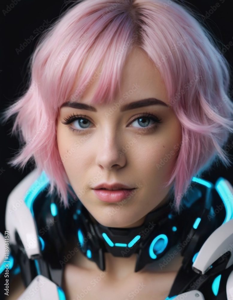 portrait woman cyborg modern technology , realistic illustration