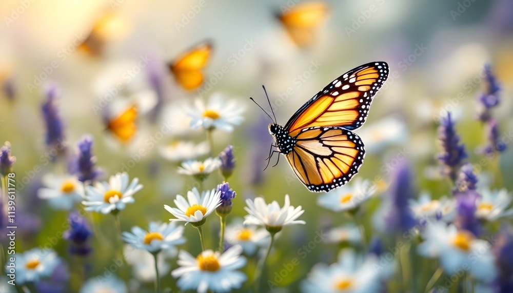 Colorful butterflies fluttering over a vibrant field of daisies and lavender, with warm sunlight illuminating the scene under a clear blue sky, creating a peaceful spring atmosphere. Colorful butterflies fluttering over a vibrant field of daisies and lavender, with warm sunlight illuminating the scene under a clear blue sky, creating a peaceful spring atmosphere.