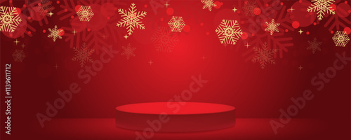Snow flakes podium stage on red Christmas studio background, room with gradient dark tone backdrop, golden snow falling with beautiful bokeh for new year or winter promotion products.