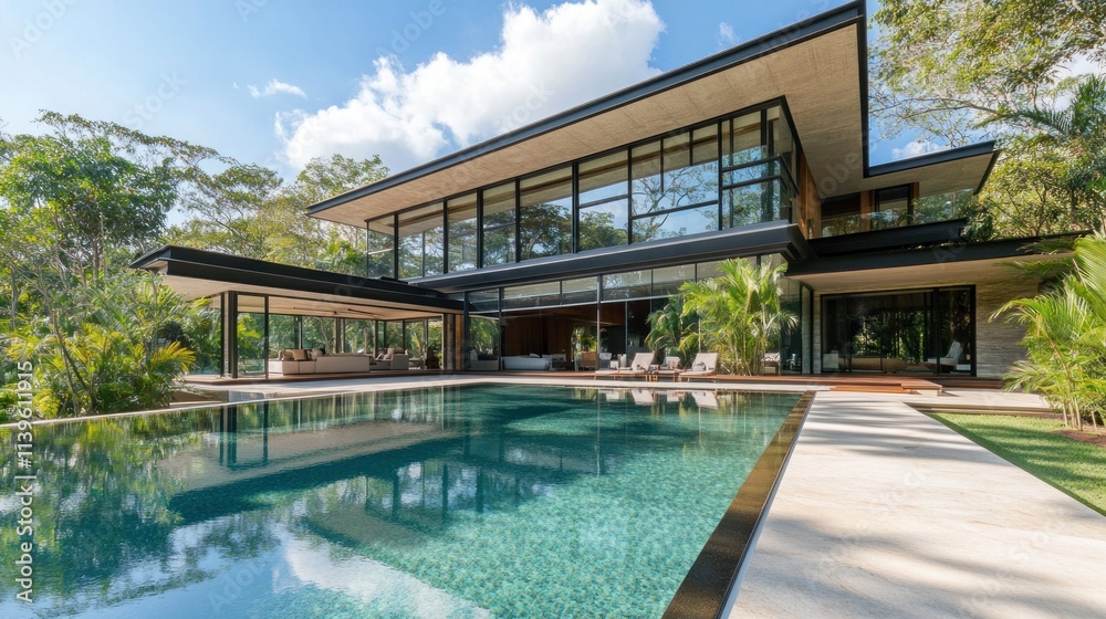 Modern architectural villa with a pool surrounded by lush greenery. Modern architectural villa with a pool surrounded by lush greenery.