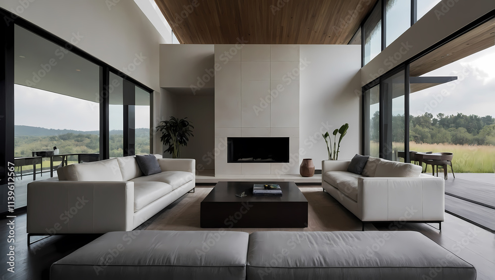 Modern living room featuring large windows, two white sofas, a central coffee table, and a minimalistic fireplace. Modern living room featuring large windows, two white sofas, a central coffee table, and a minimalistic fireplace.