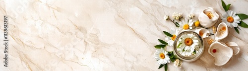 Chamomile Flowers and Essential Oil on Marble Background