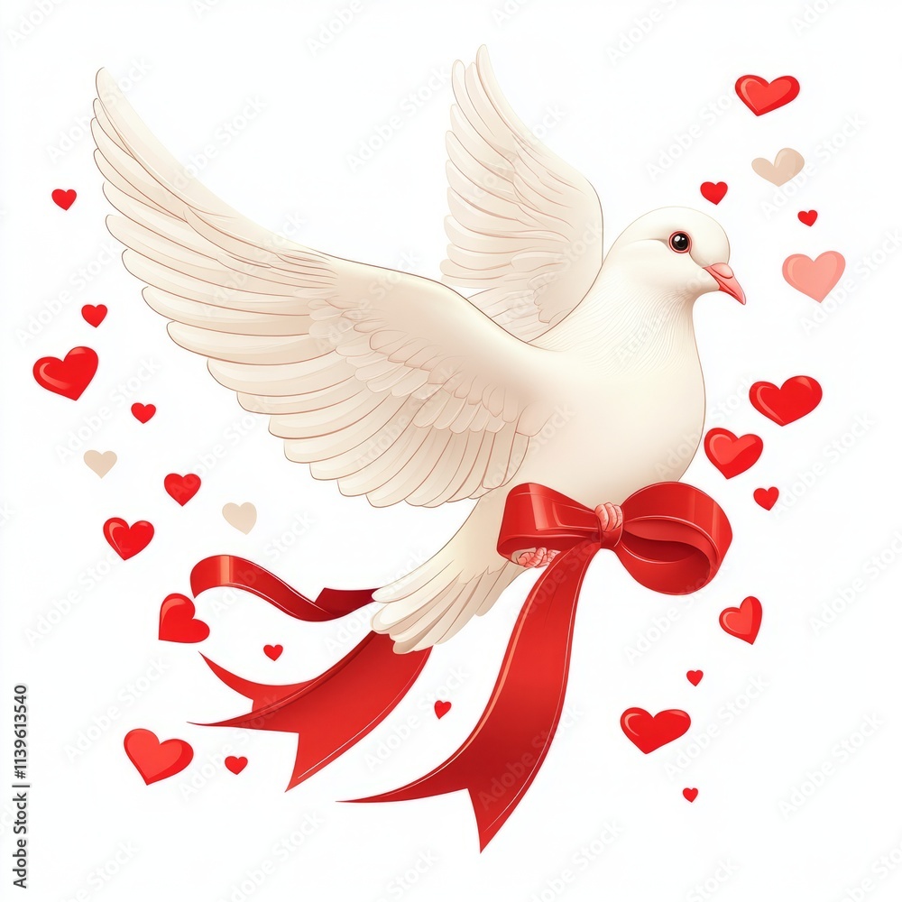 Obraz premium Dove carrying a ribbon with hearts isolated on white background
