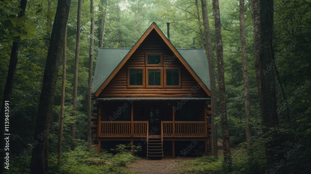 Rustic log cabin nestled in a lush forest. Rustic log cabin nestled in a lush forest.