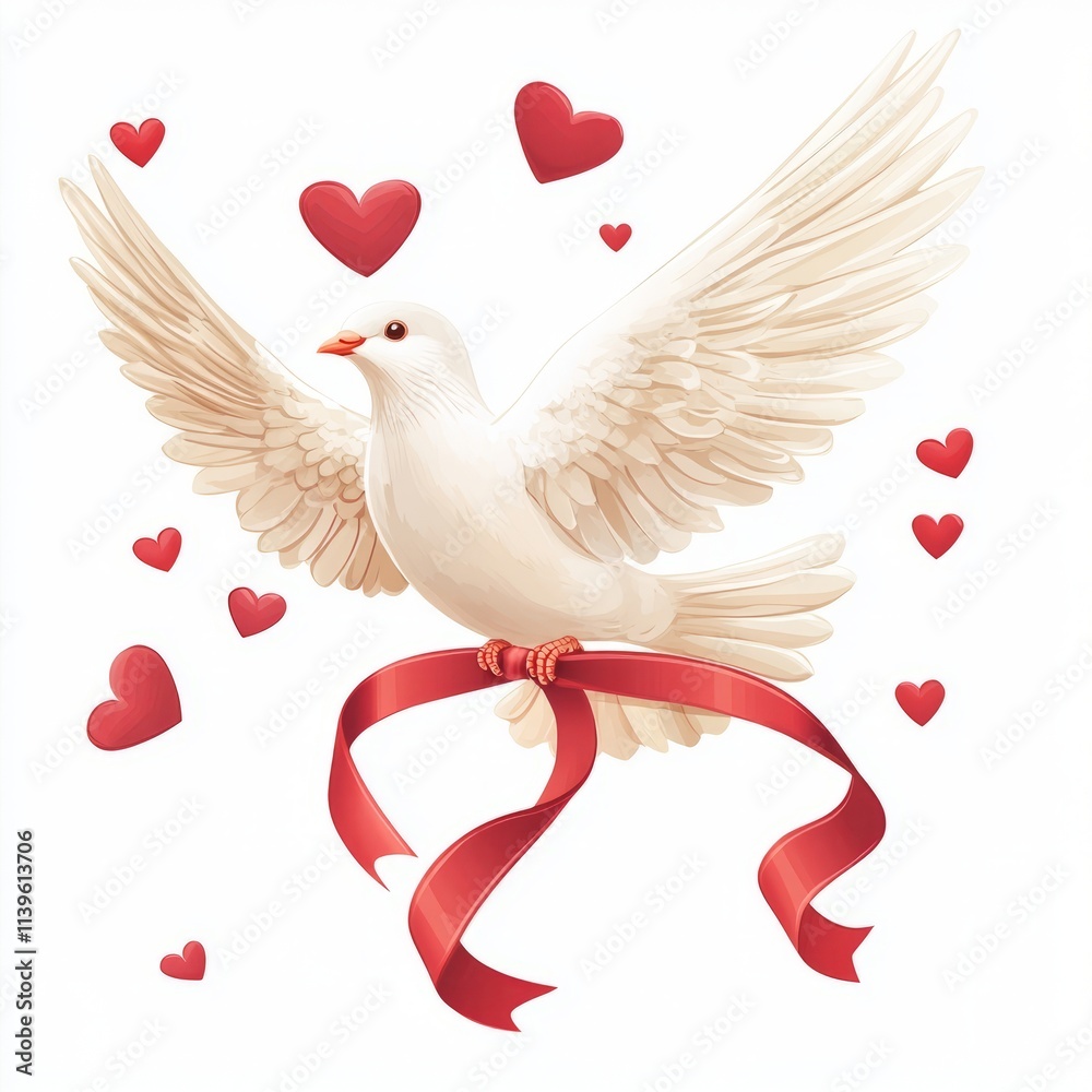 Fototapeta premium Dove carrying a ribbon with hearts isolated on white background
