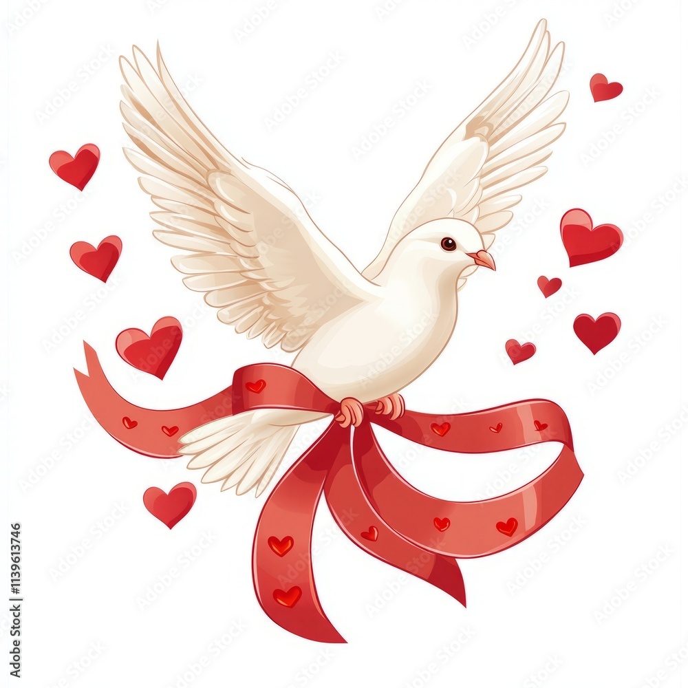 Obraz premium Dove carrying a ribbon with hearts isolated on white background