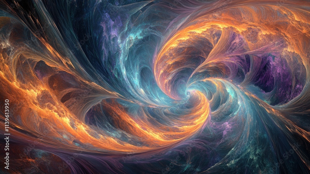 A futuristic and colorful abstract design of twisted waves, mixing various hues like cyan, orange, and purple, swirling in harmonious motion. A futuristic and colorful abstract design of twisted waves, mixing various hues like cyan, orange, and purple, swirling in harmonious motion.