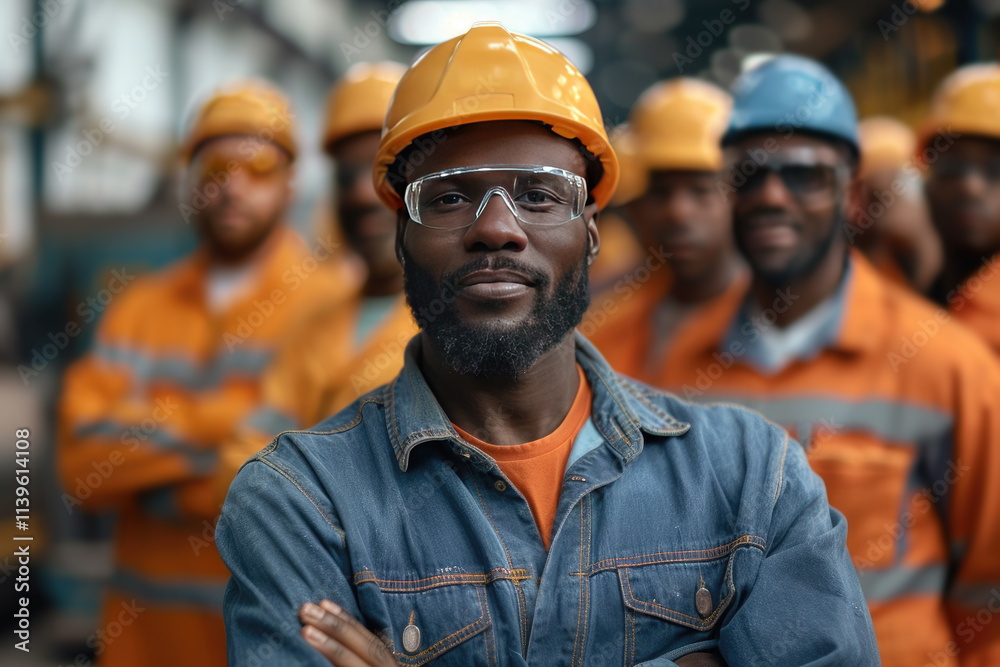Smiling african american worker leads diverse team in metal factory, showcasing teamwork and success in manufacturing industry. Labor day. Smiling african american worker leads diverse team in metal factory, showcasing teamwork and success in manufacturing industry. Labor day.