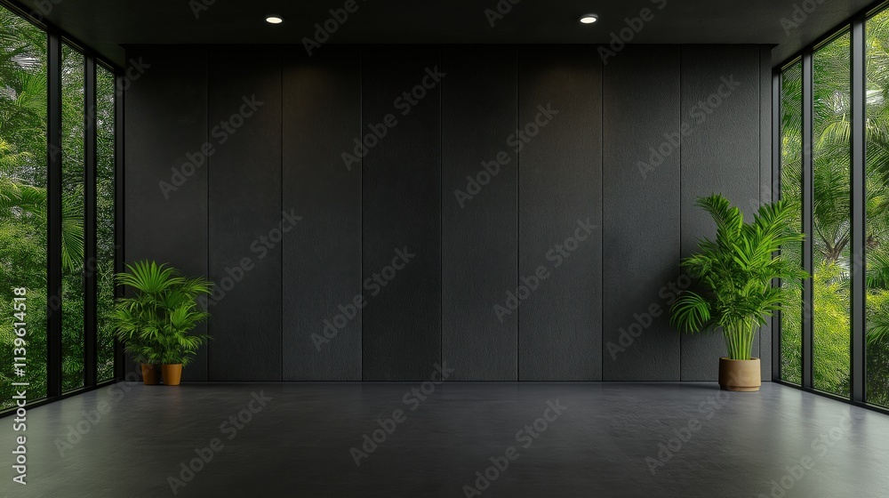 Balcony with panoramic windows overlooking the forest. Black empty room with modern design made of concrete. Space in the hotel with a luxury park in the yard. Balcony with panoramic windows overlooking the forest. Black empty room with modern design made of concrete. Space in the hotel with a luxury park in the yard.