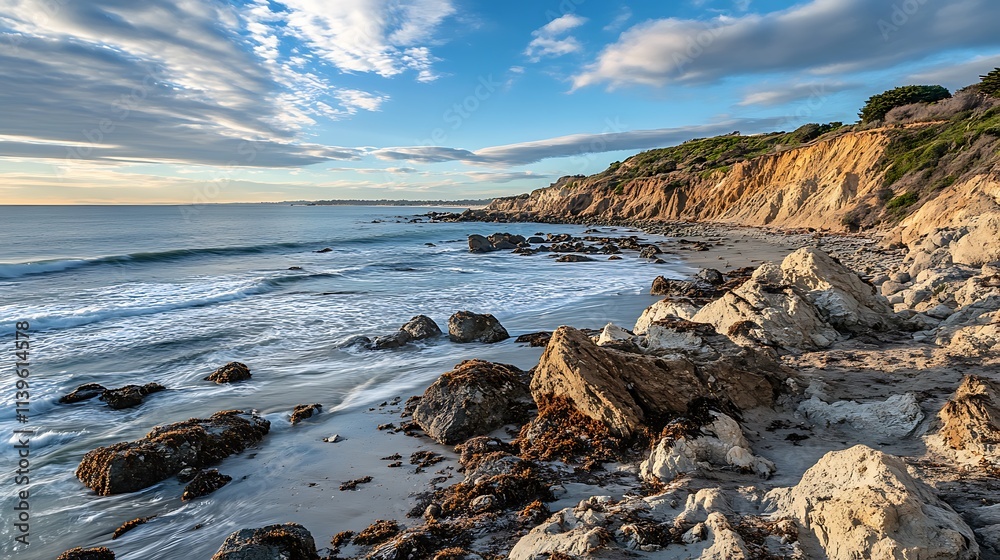 Coastal Cliffside Beach at Sunset. Scenic Landscape with Rocks and Waves. Coastal Cliffside Beach at Sunset. Scenic Landscape with Rocks and Waves.