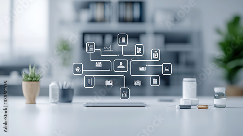 modern healthcare facility with digital interface and data visualization, showcasing various healthcare icons and tools. environment is clean and organized, promoting efficiency and innovation