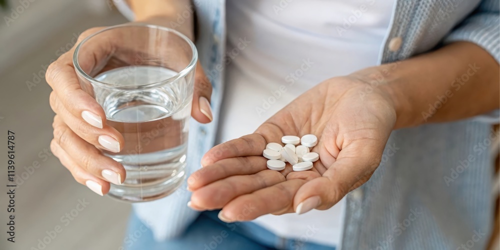 Close-up of a person's hands holding a glass of water and several pills, preparing to take medication. Close-up of a person's hands holding a glass of water and several pills, preparing to take medication.
