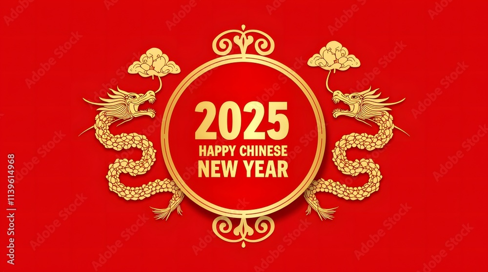 Happy Chinese New Year 2025 with Golden Dragons and Red Background Happy Chinese New Year 2025 with Golden Dragons and Red Background