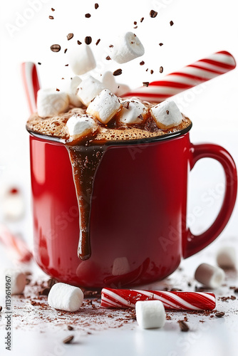one red mug with a splash of coffee and falling candy cane with marshmallows on a white isolated background