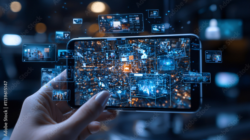 person holding smartphone displaying digital media and holographic images, showcasing technology and connectivity in modern environment person holding smartphone displaying digital media and holographic images, showcasing technology and connectivity in modern environment