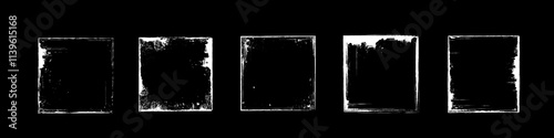 Old vinyl covers set isolated on black background. Vector realistic illustration of square paper frames with white scratches and grungy grainy texture, worn cd record mockup with blank surface