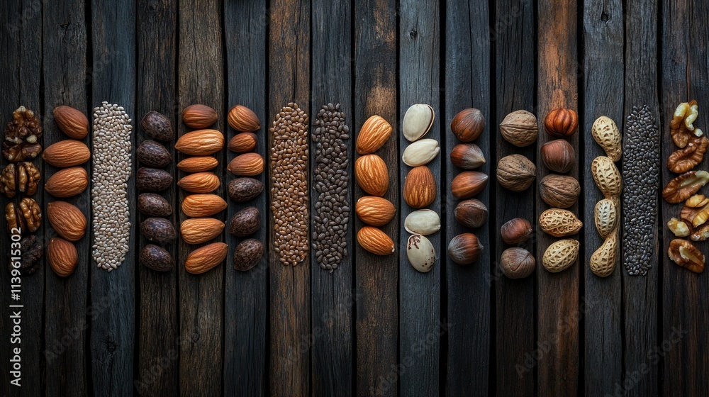 Assortment of nuts and seeds arranged on dark wooden planks. Assortment of nuts and seeds arranged on dark wooden planks.