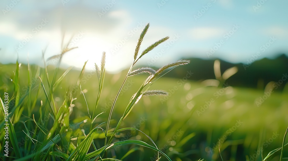 Fototapeta premium A serene natural landscape featuring tall grass swaying gently against a vibrant blue sky,