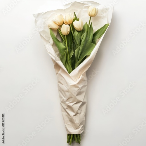 Bouquet of tulips wrapped in paper isolated on white background