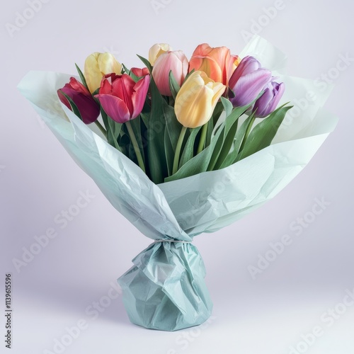Bouquet of tulips wrapped in paper isolated on white background