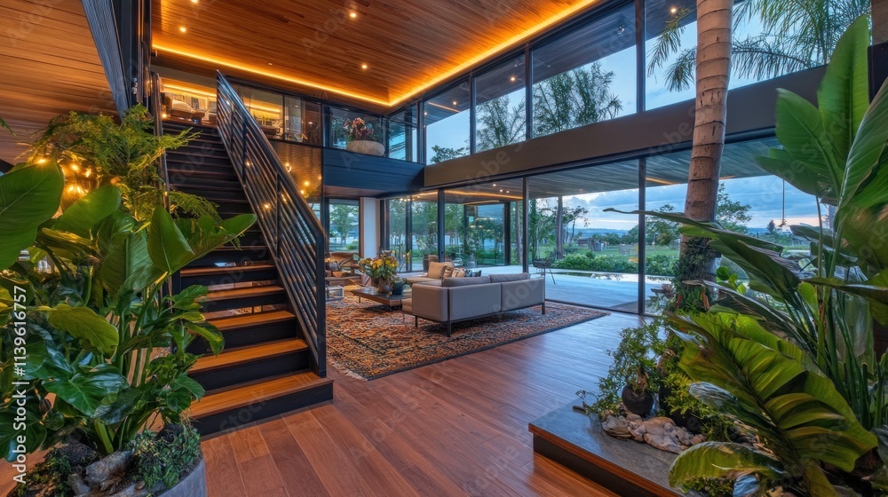 Fototapeta premium Modern interior with large windows, plants, and a staircase, showcasing a serene living space.