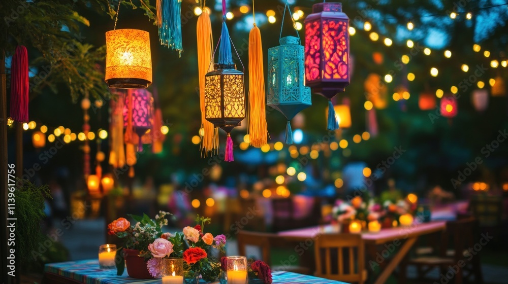 Naklejka premium Colorful Lanterns Illuminate Festive Outdoor Gathering