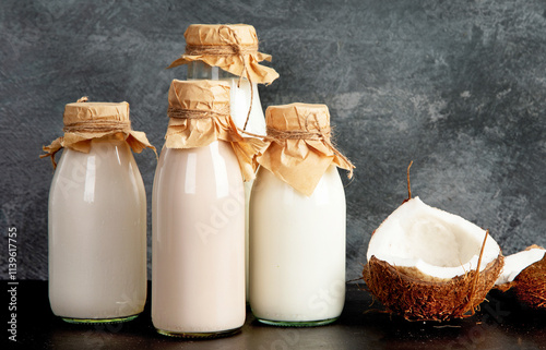 Assortment of non diary plant based milk. photo