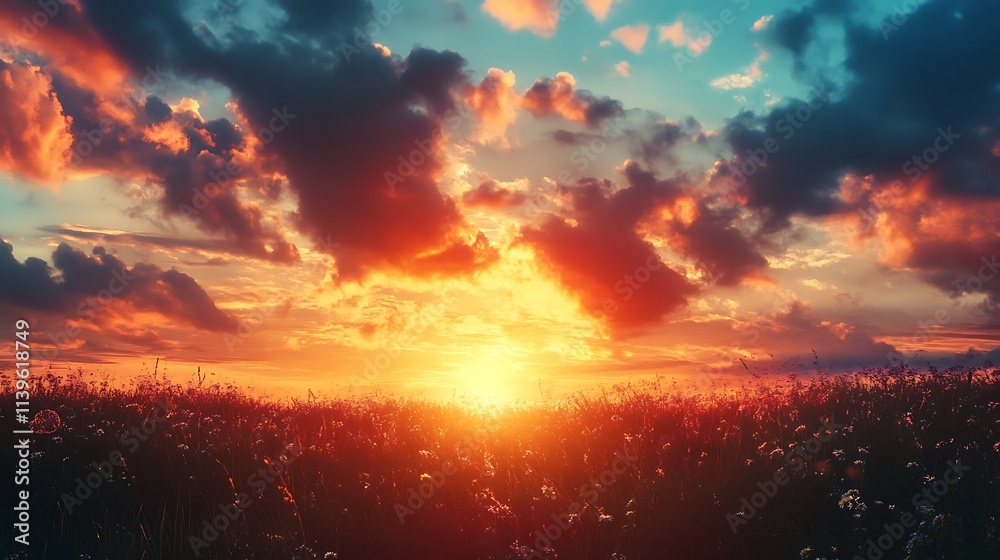 Fototapeta premium Sunset over a field of wildflowers. Dramatic sky, golden hour, nature, beauty.