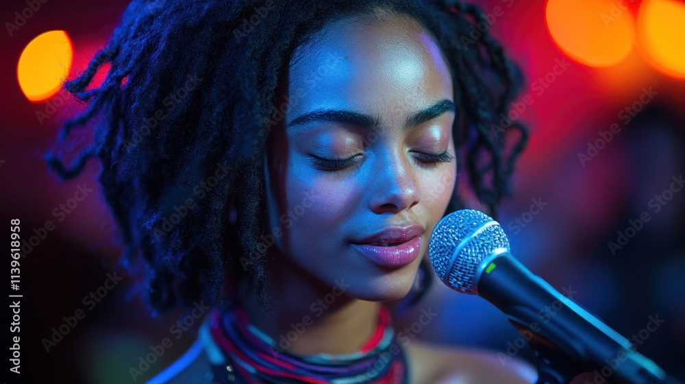 A young woman sings into a microphone, exuding emotion in a vibrant setting. A young woman sings into a microphone, exuding emotion in a vibrant setting.