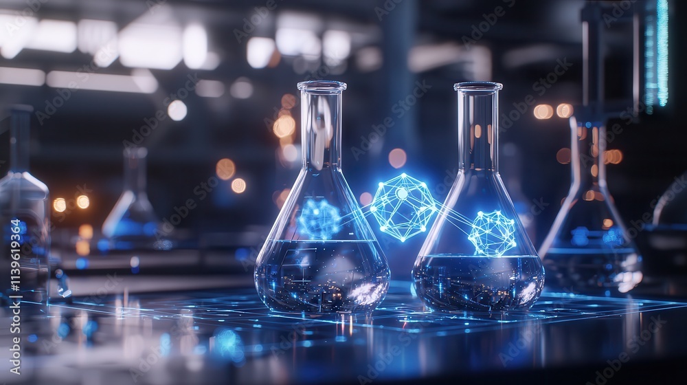 A futuristic laboratory scene featuring multiple chemical flasks and molecular structures glowing in neon blue light, A futuristic laboratory scene featuring multiple chemical flasks and molecular structures glowing in neon blue light,