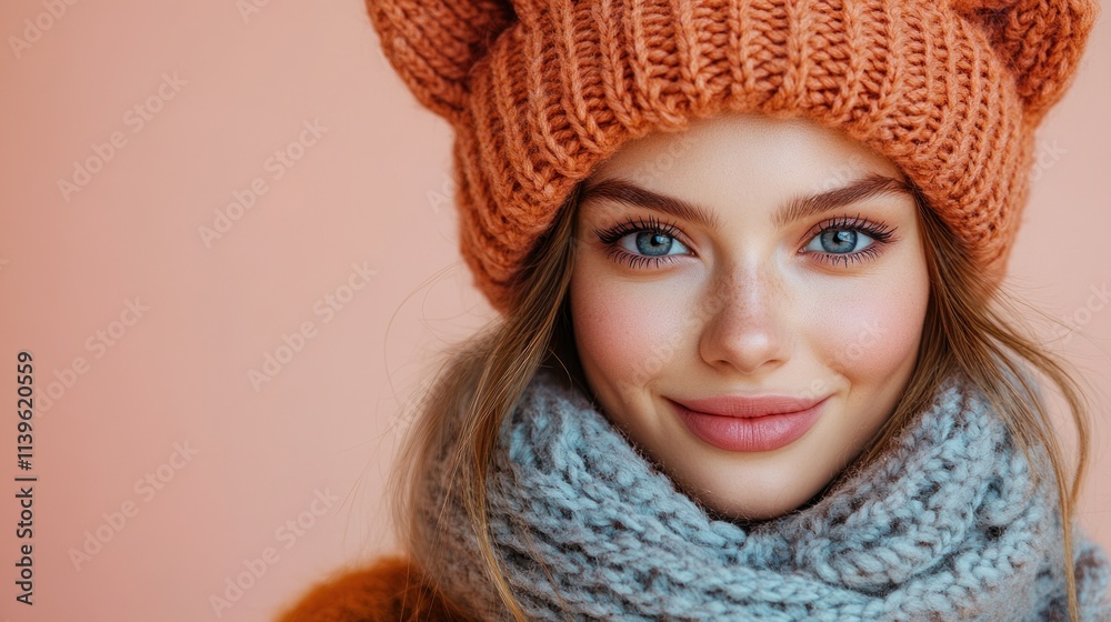 A young woman wearing a cozy knit hat and scarf, smiling against a soft pink background. A young woman wearing a cozy knit hat and scarf, smiling against a soft pink background.