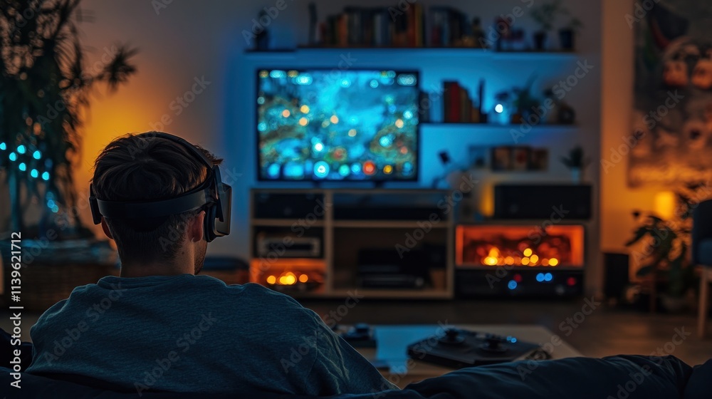 Person wearing VR headset playing video game on TV in cozy living room at night.