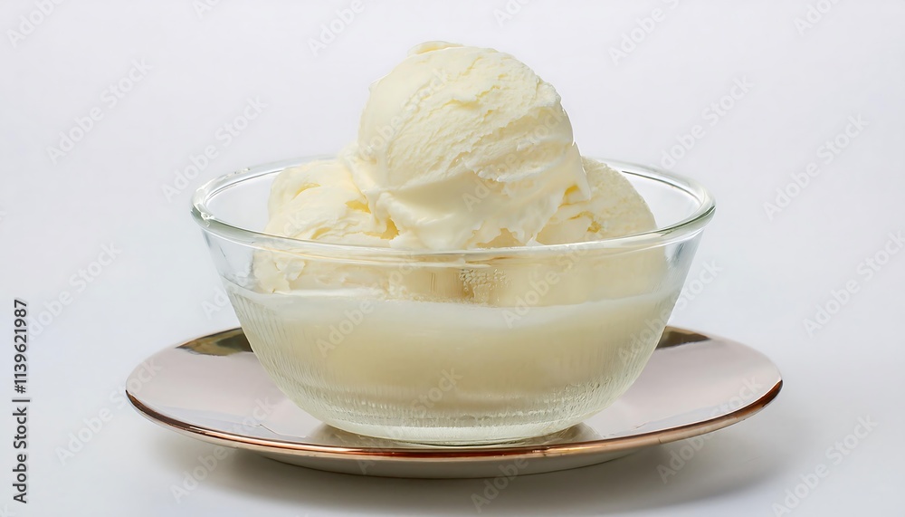 A scoop of vanilla ice cream in a clear glass bowl, set against a plain white background A scoop of vanilla ice cream in a clear glass bowl, set against a plain white background