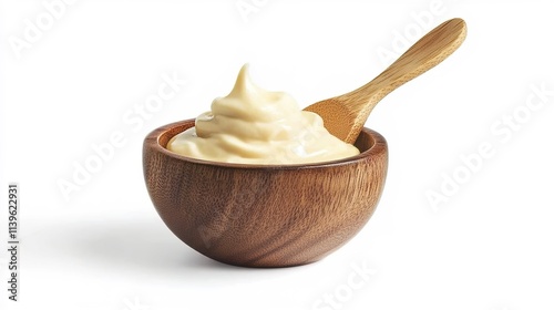  Wooden bowl with mayonnaise and a wooden spoon, isolated on a white background.