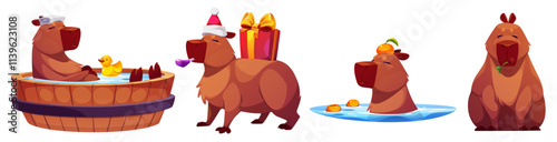 Capybara mascots set isolated on white background. Vector cartoon illustration of cute animal relaxing in bath with rubber duck, carrying Christmas gift box, swimming in water, eating green plant