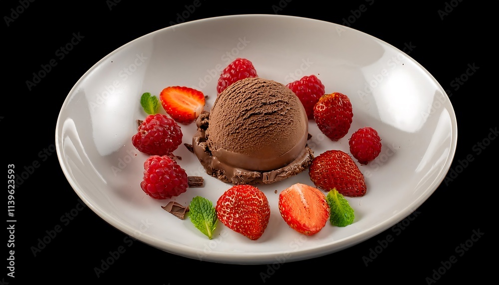 Chocolate ice cream with chopped strawberries and raspberries. Top view. Isolated. Food. Menu. Recipe concept. Chocolate ice cream with chopped strawberries and raspberries. Top view. Isolated. Food. Menu. Recipe concept.