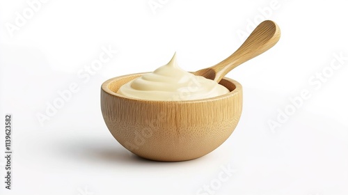 Wooden bowl with mayonnaise and a wooden spoon, isolated on a white background.