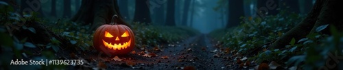 Wallpaper Mural Carved pumpkin glowing in the darkness of a forest path, lantern glow, eerie ambiance, dark forest Torontodigital.ca