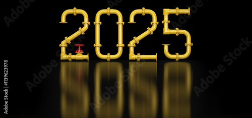 The numbers 2025 are made of yellow pipes and  red valve  on a black background. New year 2025. 3D render.