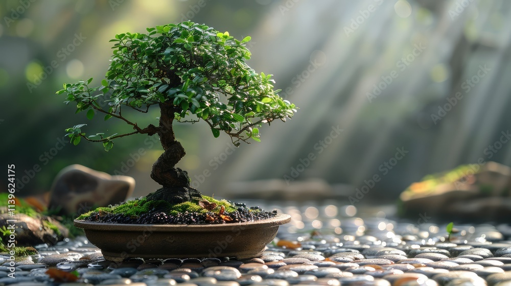 A serene bonsai tree on stones, illuminated by soft rays of sunlight. A serene bonsai tree on stones, illuminated by soft rays of sunlight.