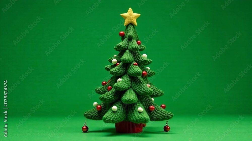 Christmas tree made from green knitted thread with a yellow star on top, with a baubles, on a green background Christmas tree made from green knitted thread with a yellow star on top, with a baubles, on a green background