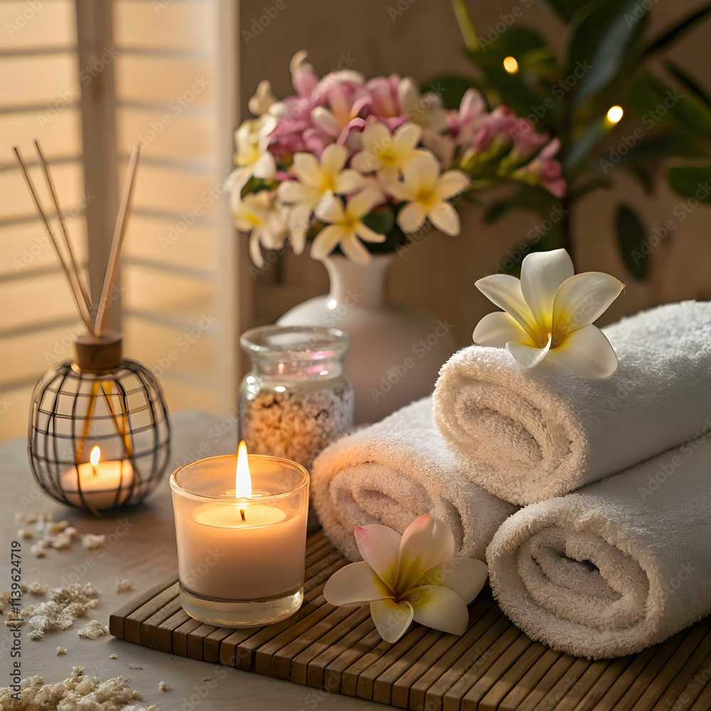 spa setting with a lit candle fluffy towels spa setting with a lit candle fluffy towels
